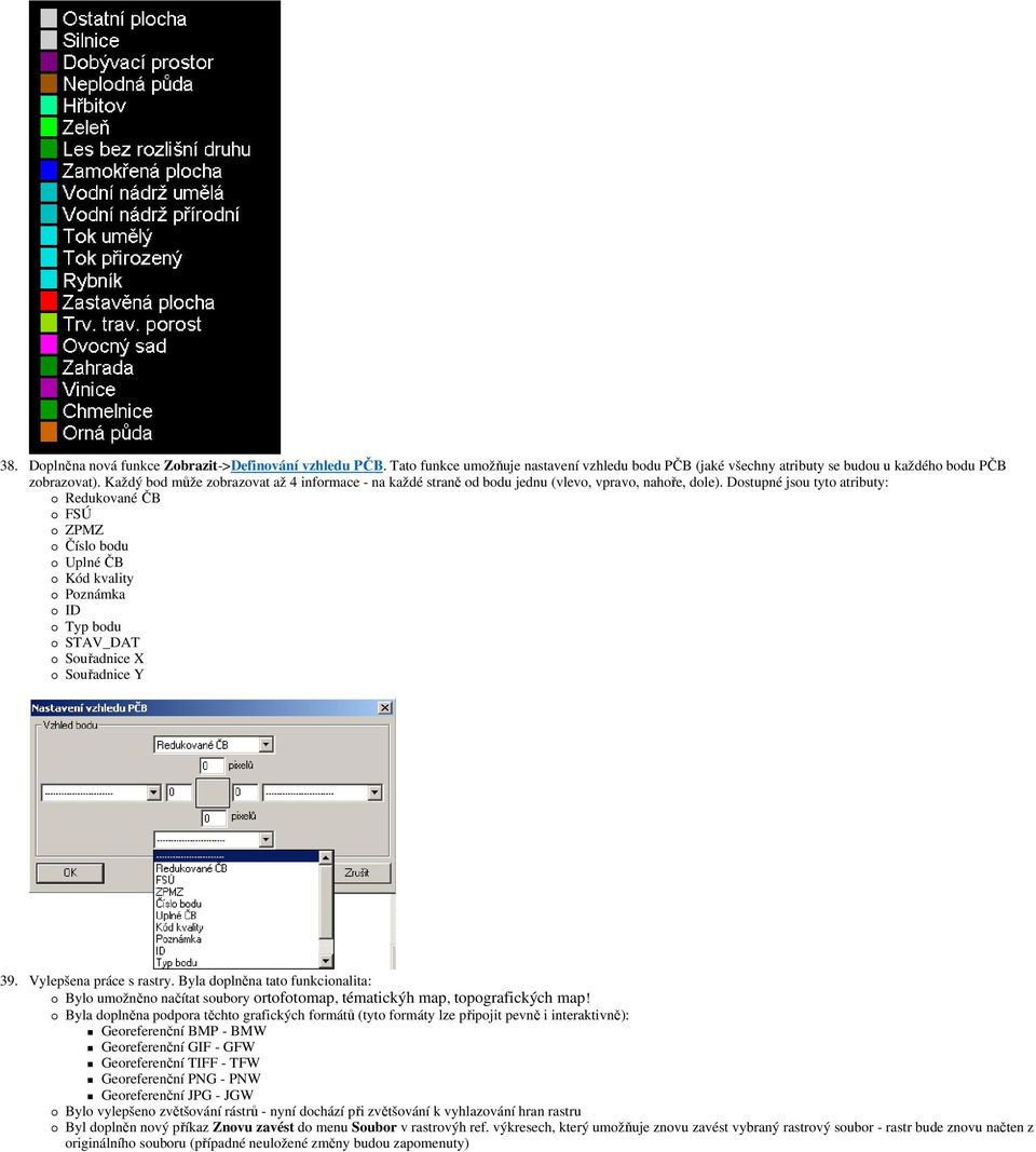 Dostupné jsou tyto atributy: Redukované ČB FSÚ ZPMZ Číslo bodu Uplné ČB Kód kvality Poznámka ID Typ bodu STAV_DAT Souřadnice X Souřadnice Y 39. Vylepšena práce s rastry.