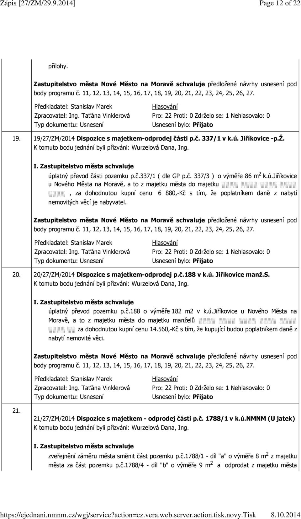 20. 20/27/ZM/2014 Dispozice s majetkem-odprodej p.č.188 v k.ú. Jiříkovice manž.s. úplatný převod pozemku p.č.188 o výměře 182 m2 v k.ú.jiříkovice u Nového Města na Moravě, a to z majetku města do majetku manželů za dohodnutou kupní cenu 14.