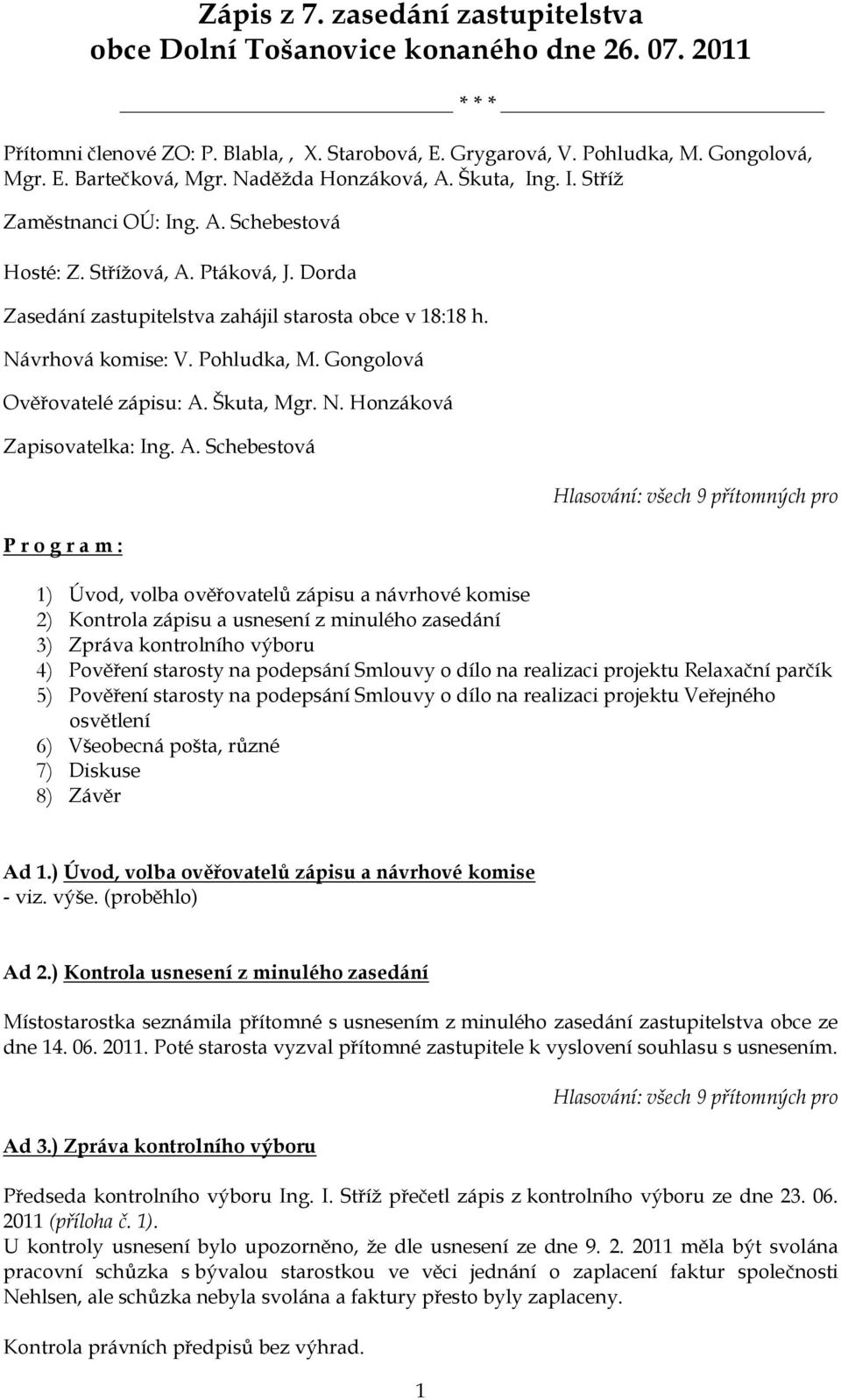 Pohludka, M. Gongolová Ověřovatelé zápisu: A.