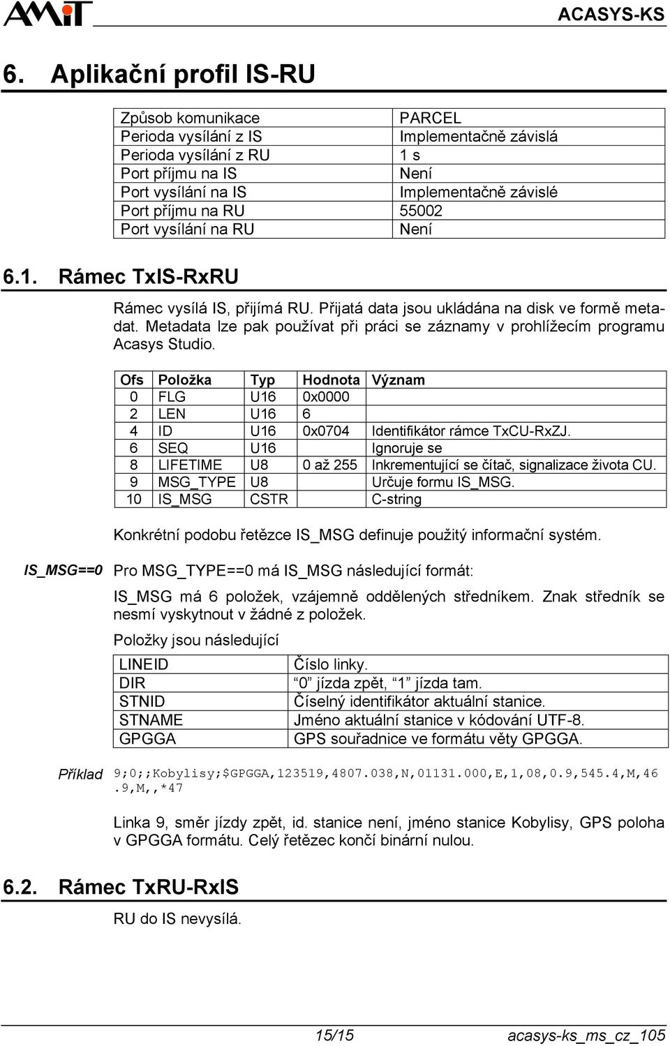 Metadata lze pak používat při práci se záznamy v prohlížecím programu Acasys Studio. Ofs Položka Typ Hodnota Význam 0 FLG U16 0x0000 2 LEN U16 6 4 ID U16 0x0704 Identifikátor rámce TxCU-RxZJ.