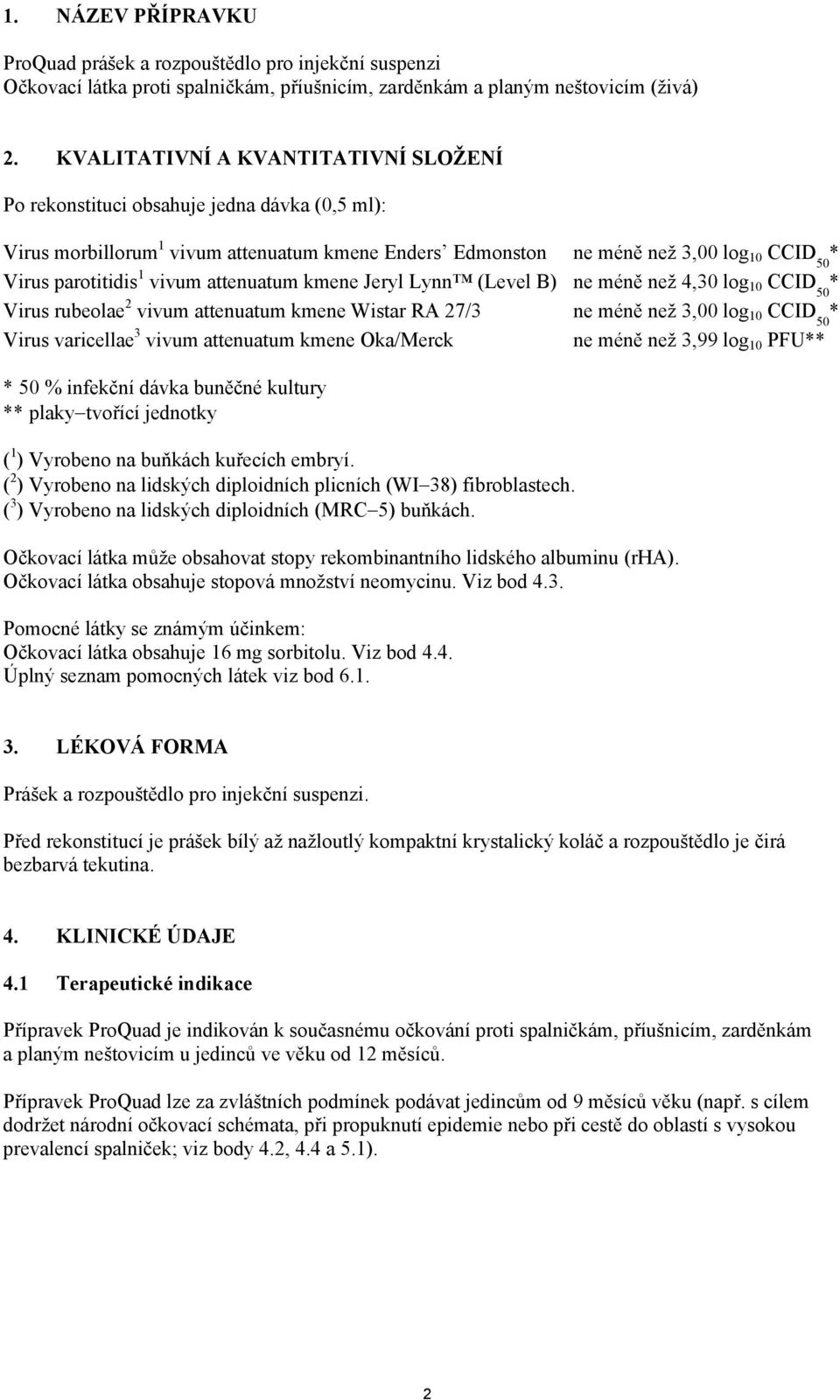 vivum attenuatum kmene Jeryl Lynn (Level B) ne méně než 4,30 log 10 CCID 50 * Virus rubeolae 2 vivum attenuatum kmene Wistar RA 27/3 ne méně než 3,00 log 10 CCID 50 * Virus varicellae 3 vivum