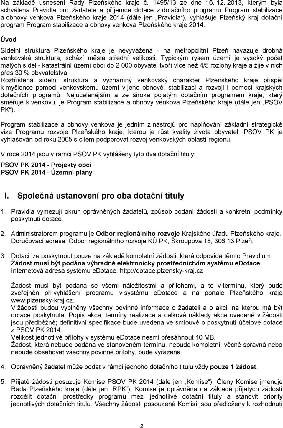 dotační program Program stabilizace a obnovy venkova Plzeňského kraje 2014.