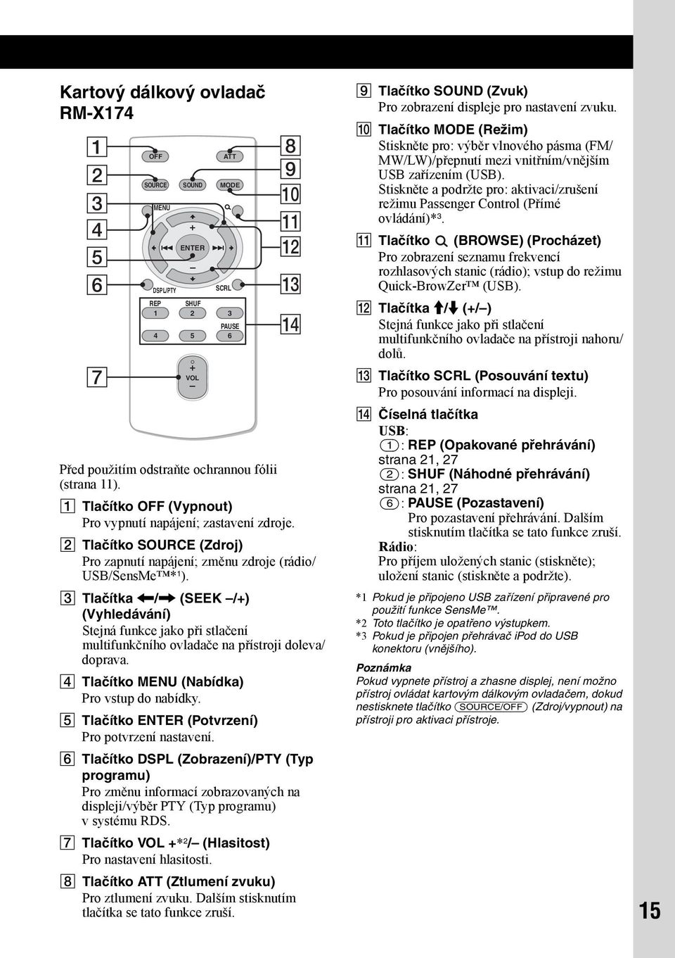 C Tlačítka </, (SEEK /+) (Vyhledávání) Stejná funkce jako při stlačení multifunkčního ovladače na přístroji doleva/ doprava. D Tlačítko MENU (Nabídka) Pro vstup do nabídky.