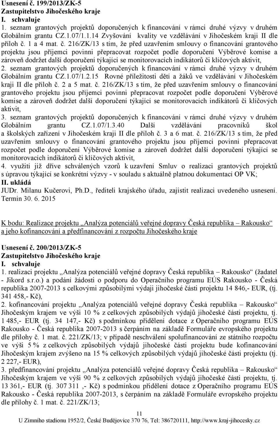 216/ZK/13 s tím, ţe před uzavřením smlouvy o financování grantového projektu jsou příjemci povinni přepracovat rozpočet podle doporučení Výběrové komise a zároveň dodrţet další doporučení týkající se