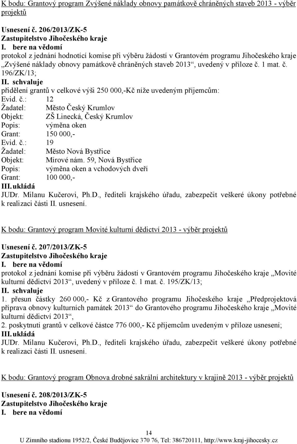 1 mat. č. 196/ZK/13; I přidělení grantů v celkové výši 250 000,-Kč níţe uvedeným příjemcům: Evid. č.: 12 Ţadatel: Město Český Krumlov Objekt: ZŠ Linecká, Český Krumlov Popis: výměna oken Grant: 150 000,- Evid.