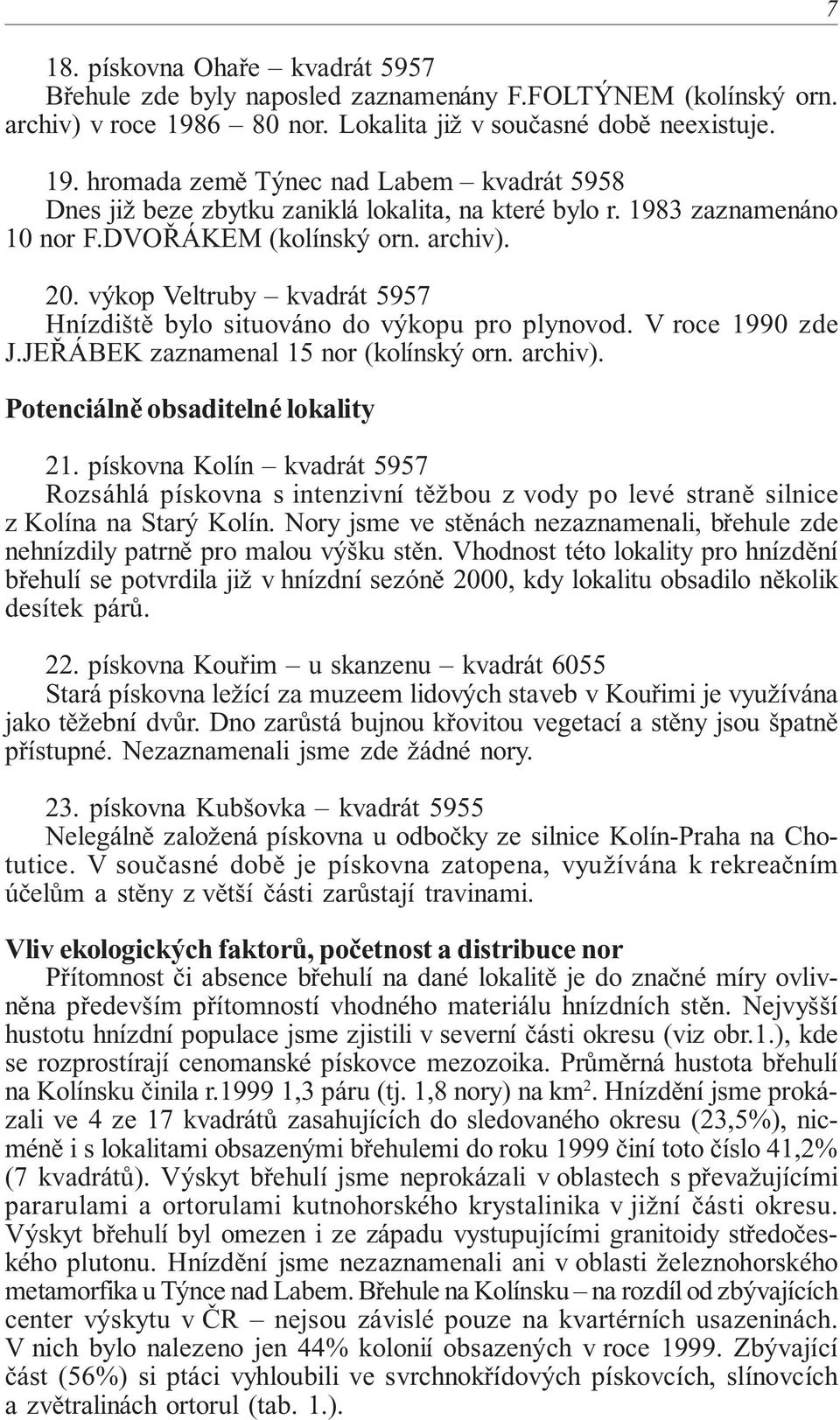 DVOŘÁKEM (kolínský orn. archiv). 20. výkop Veltruby kvadrát 5957 Hnízdiště bylo situováno do výkopu pro plynovod. V roce 1990 zde J.JEŘÁBEK zaznamenal 15 nor (kolínský orn. archiv). Potenciálně obsaditelné lokality 21.