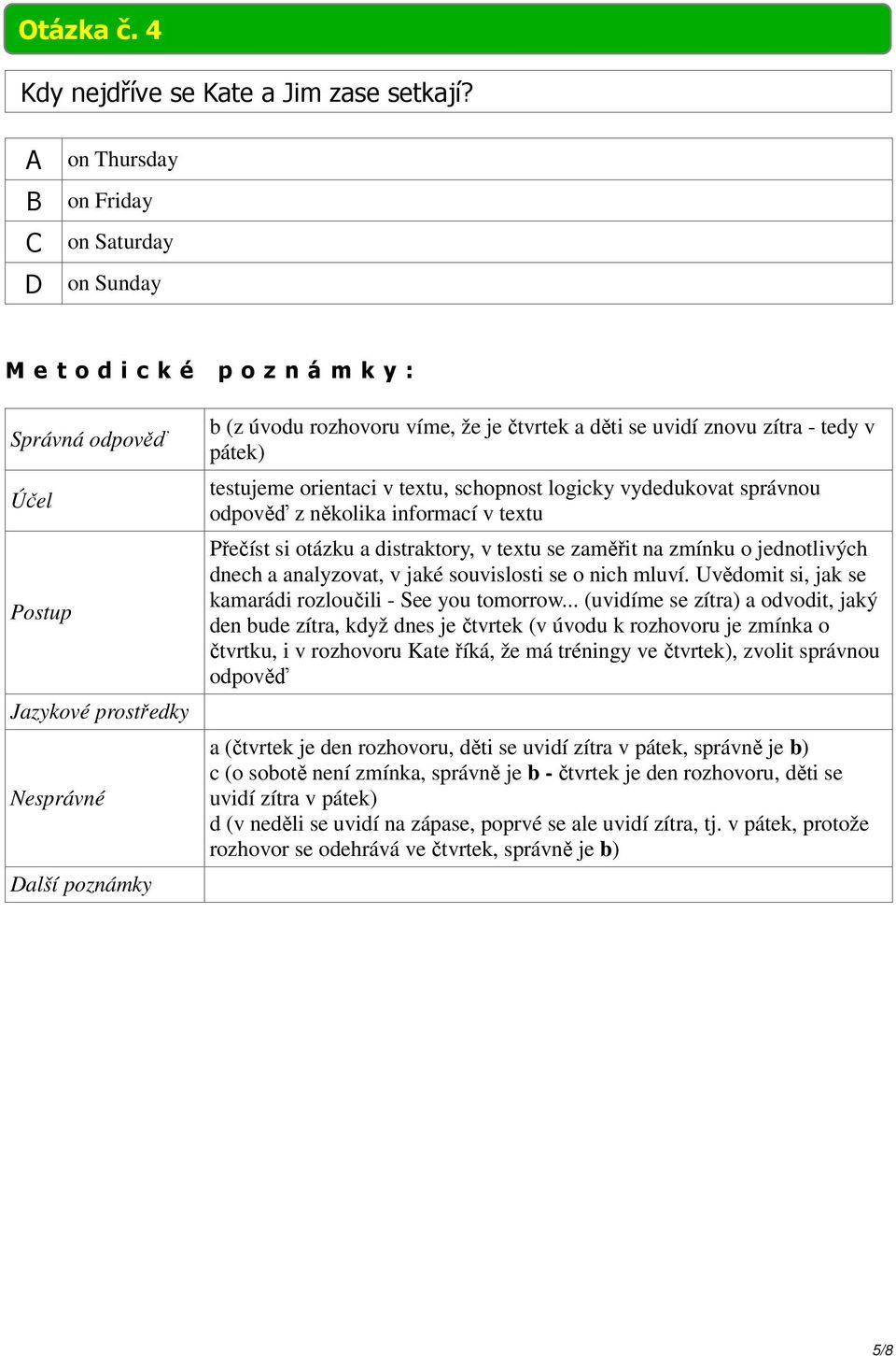 správnou odpověď z několika informací v textu Přečíst si otázku a distraktory, v textu se zaměřit na zmínku o jednotlivých dnech a analyzovat, v jaké souvislosti se o nich mluví.