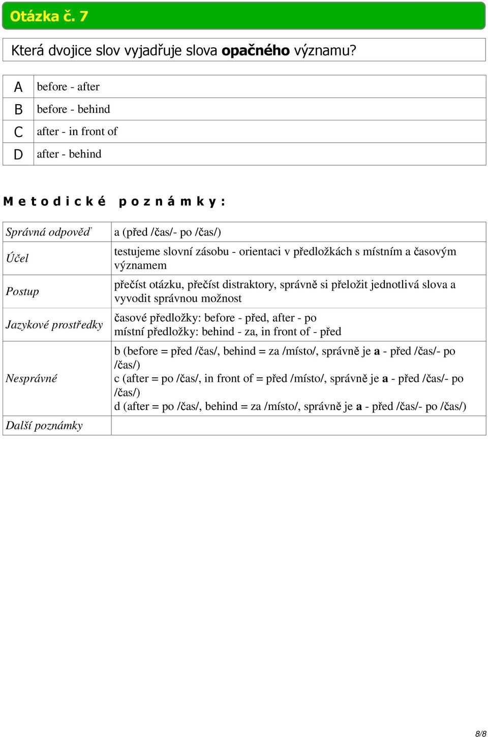 významem přečíst otázku, přečíst distraktory, správně si přeložit jednotlivá slova a vyvodit správnou možnost časové předložky: before - před, after - po místní předložky: