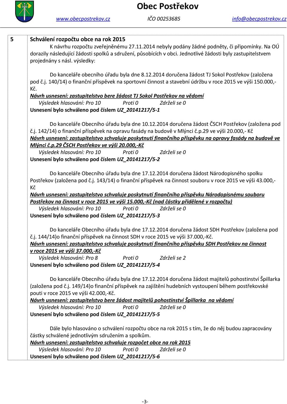 000,- Kč. Návrh usnesení: zastupitelstvo bere žádost TJ Sokol Postřekov na vědomí Usnesení bylo schváleno pod číslem UZ_20141217/5-1 Do kanceláře Obecního úřadu byla dne 10.12.2014 doručena žádost ČSCH Postřekov (založena pod č.