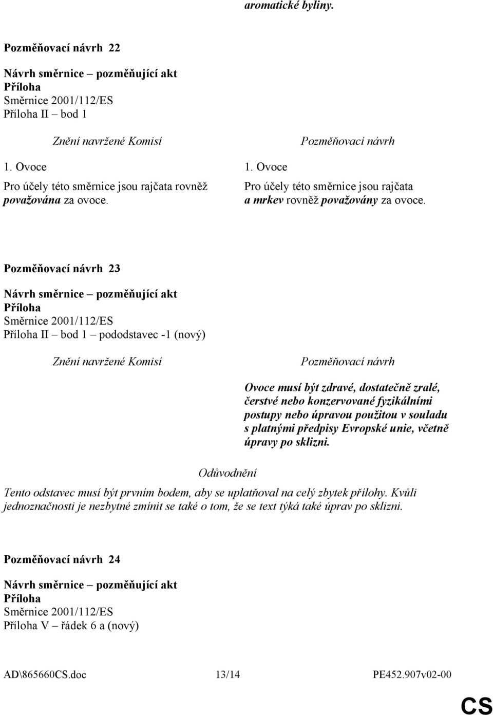 23 II bod 1 pododstavec -1 (nový) Odůvodnění Ovoce musí být zdravé, dostatečně zralé, čerstvé nebo konzervované fyzikálními postupy nebo úpravou použitou v