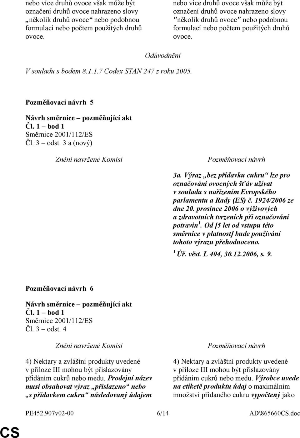 1.7 Codex STAN 247 z roku 2005. 5 Čl. 1 bod 1 Čl. 3 odst. 3 a (nový) 3a. Výraz bez přídavku cukru lze pro označování ovocných šťáv užívat v souladu s nařízením Evropského parlamentu a Rady (ES) č.