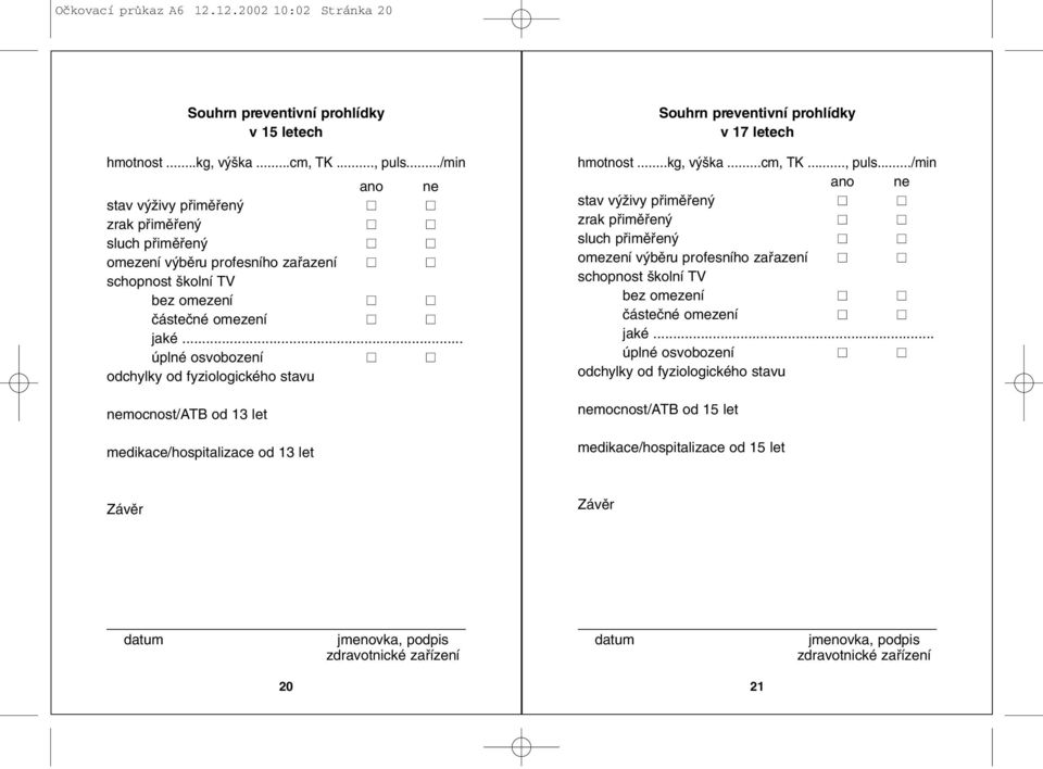 zafiazení nemocnost/atb od 13 let medikace/hospitalizace od 13