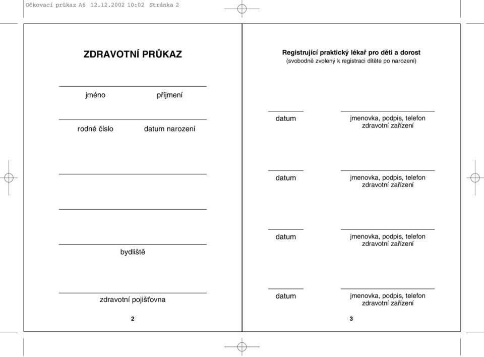 registraci dítûte po narození) jméno pfiíjmení rodné ãíslo datum narození datum jmenovka, podpis, telefon