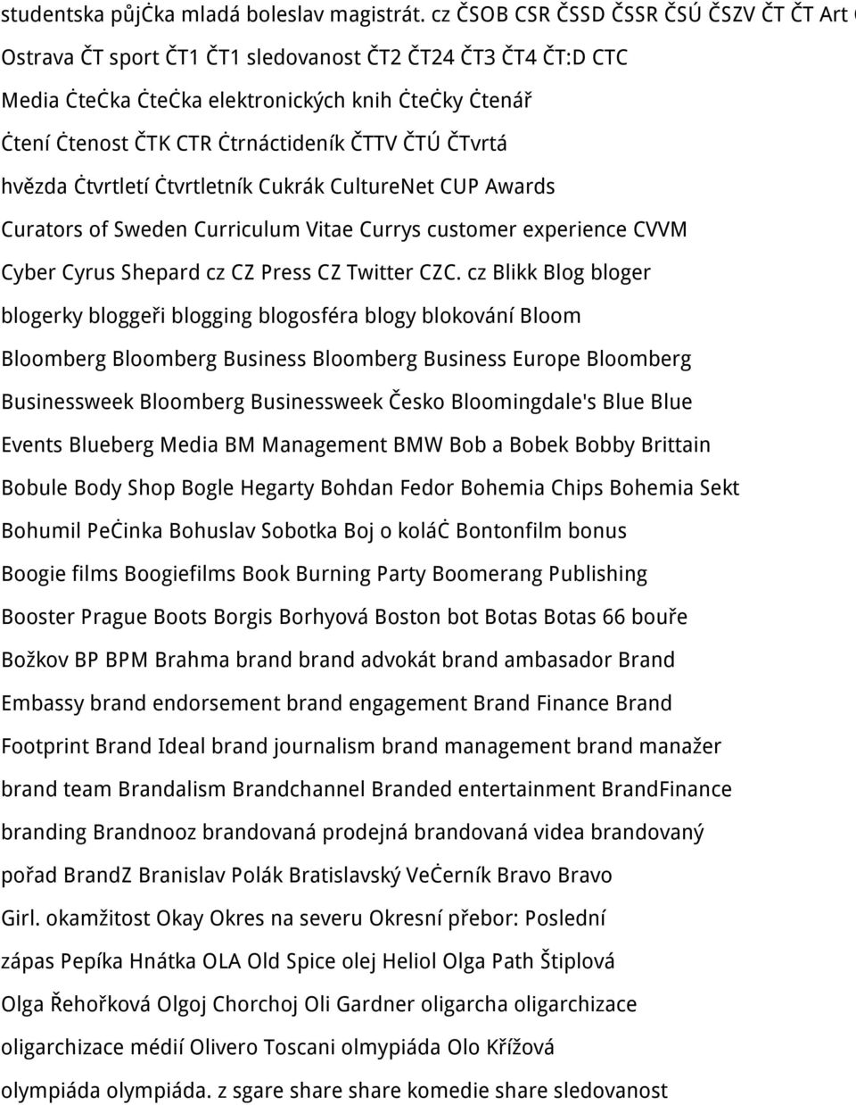 ČTTV ČTÚ ČTvrtá hvězda čtvrtletí čtvrtletník Cukrák CultureNet CUP Awards Curators of Sweden Curriculum Vitae Currys customer experience CVVM Cyber Cyrus Shepard cz CZ Press CZ Twitter CZC.
