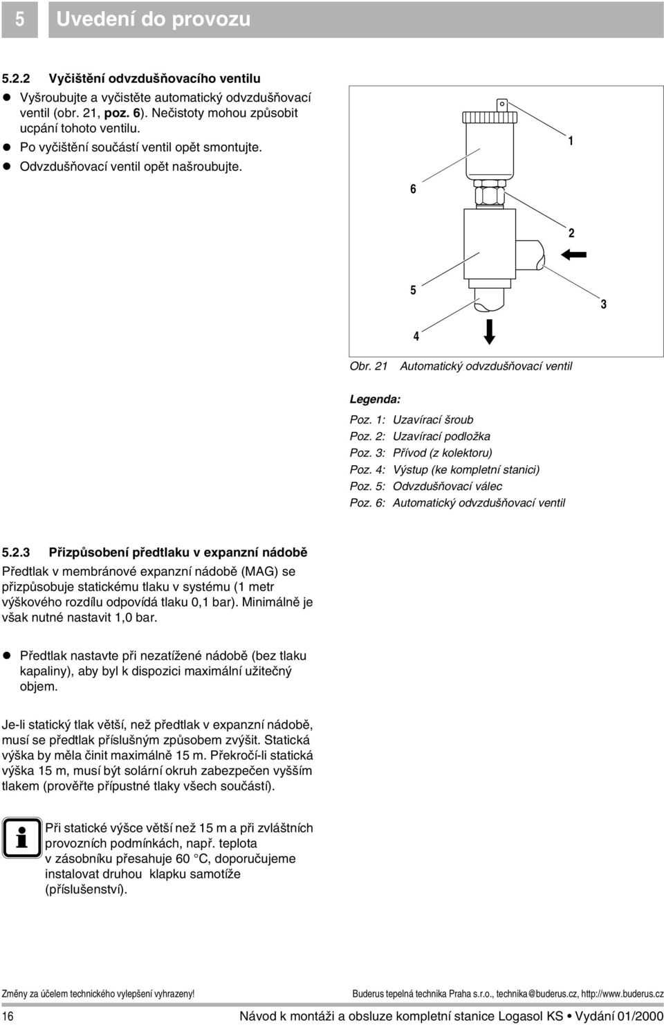 3: Přívod (z kolektoru) Poz. : Výstup (ke kompletní stanici) Poz. 5: Odvzdušňovací válec Poz. 6: Automatický odvzdušňovací ventil 5.