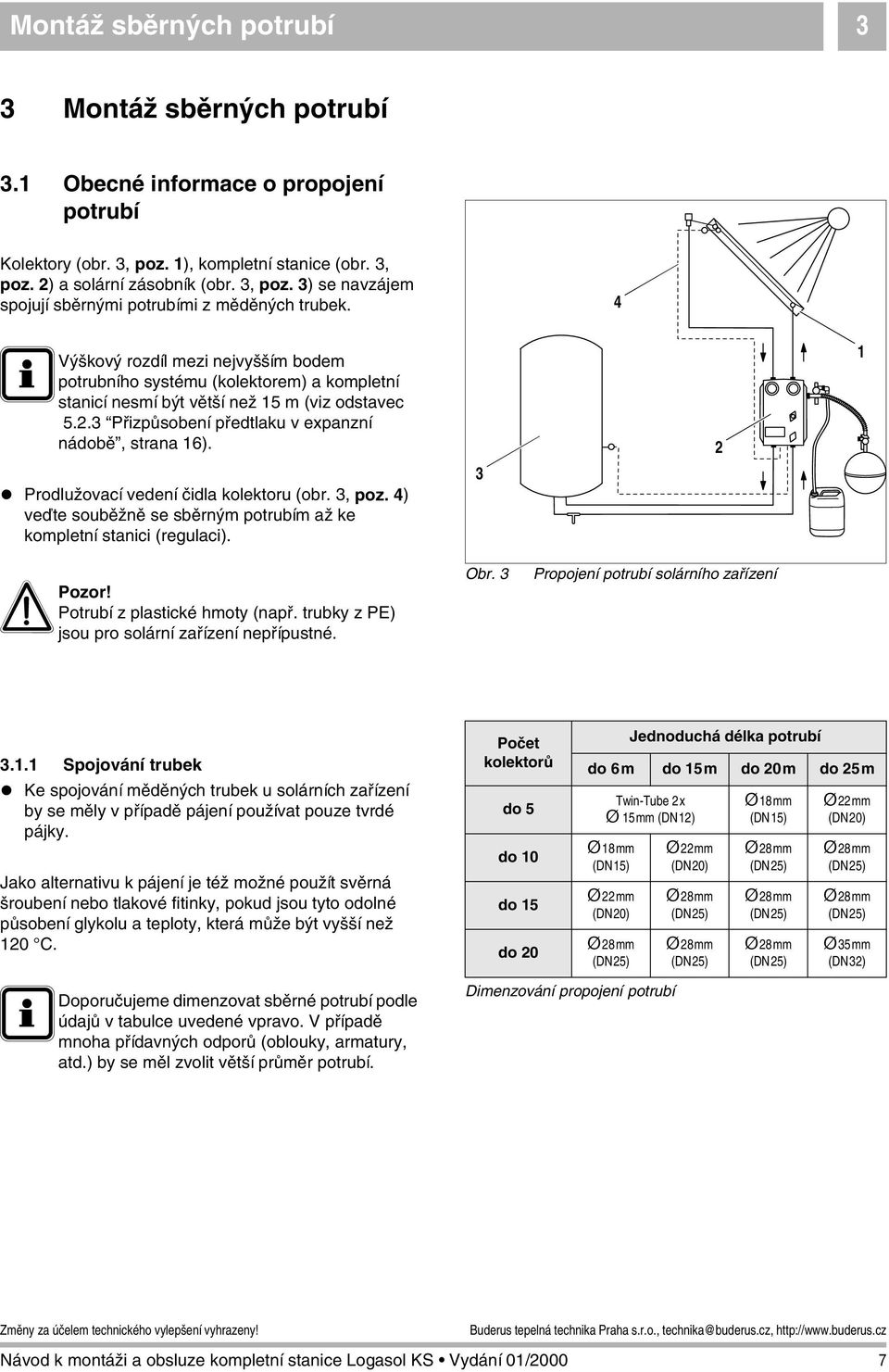 ! Prodlužovací vedení čidla kolektoru (obr. 3, poz. ) veďte souběžně se sběrným potrubím až ke kompletní stanici (regulaci). APozor! Potrubí z plastické hmoty (např.
