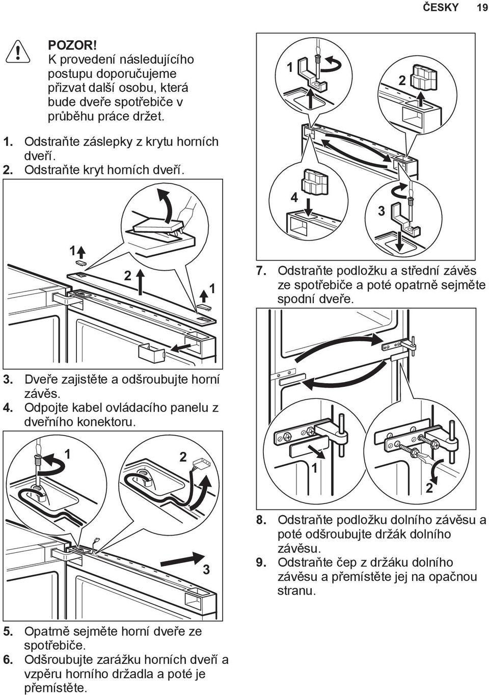 4. Odpojte kabel ovládacího panelu z dveřního konektoru. 1 2 1 2 3 8. Odstraňte podložku dolního závěsu a poté odšroubujte držák dolního závěsu. 9.