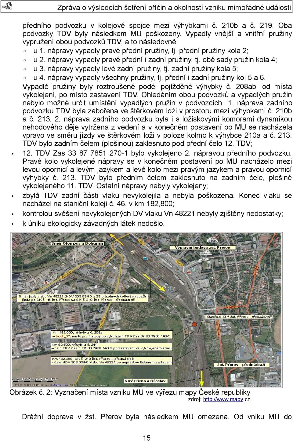 zadní pružiny kola 5; u 4. nápravy vypadly všechny pružiny, tj, přední i zadní pružiny kol 5 a 6. Vypadlé pružiny byly roztroušené podél pojížděné výhybky č.