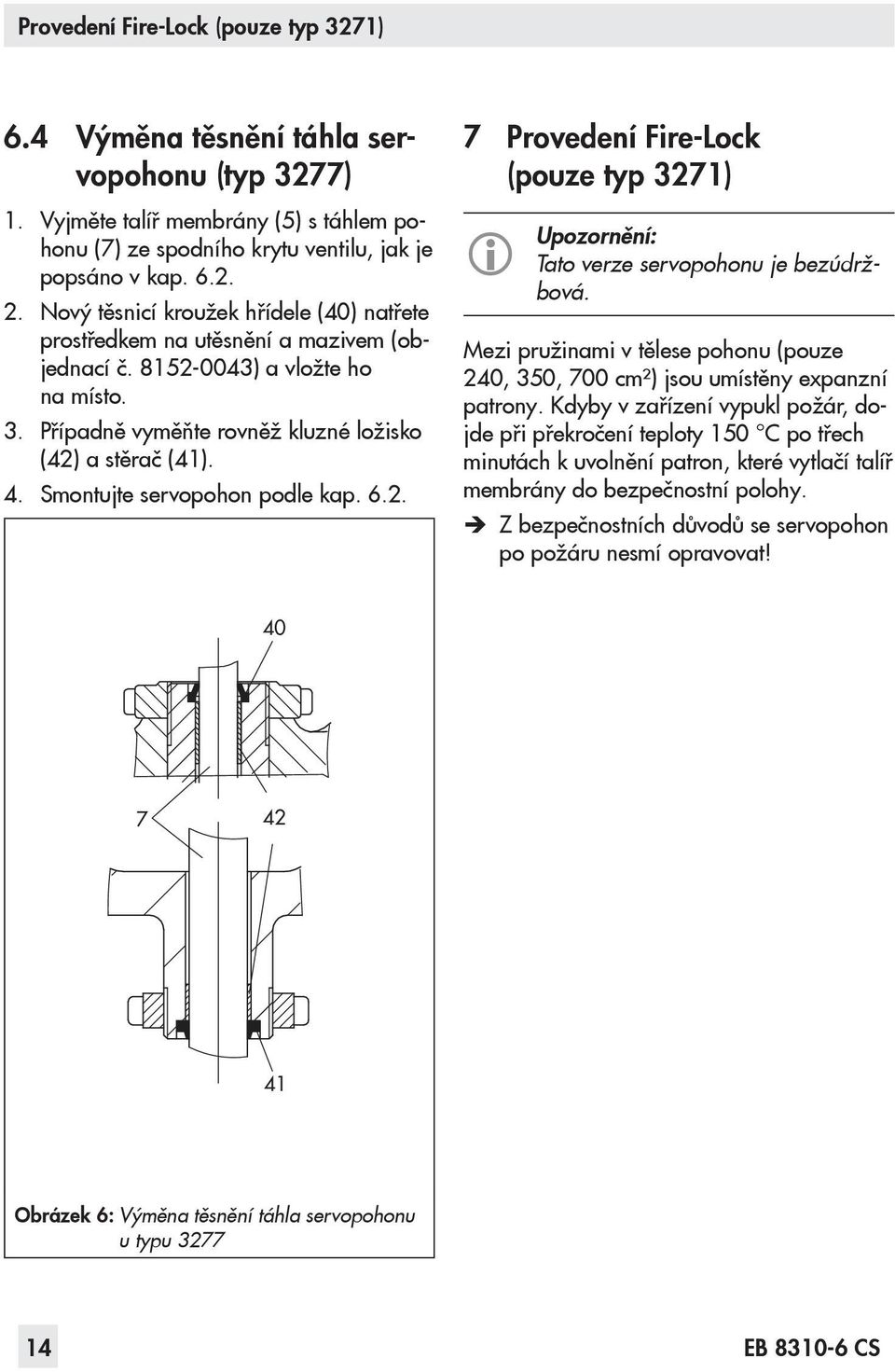 Smontujte servopohon podle kap. 6.2. 7 Provedení Fire-Lock (pouze typ 3271) Upozornění: Tato verze servopohonu je bezúdržbová.