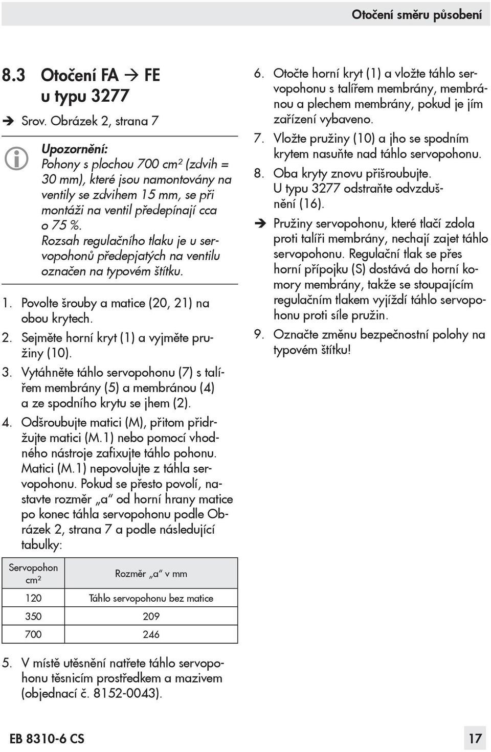 Rozsah regulačního tlaku je u servopohonů předepjatých na ventilu označen na typovém štítku. 1. Povolte šrouby a matice (20, 21) na obou krytech. 2. Sejměte horní kryt (1) a vyjměte pružiny (10). 3.