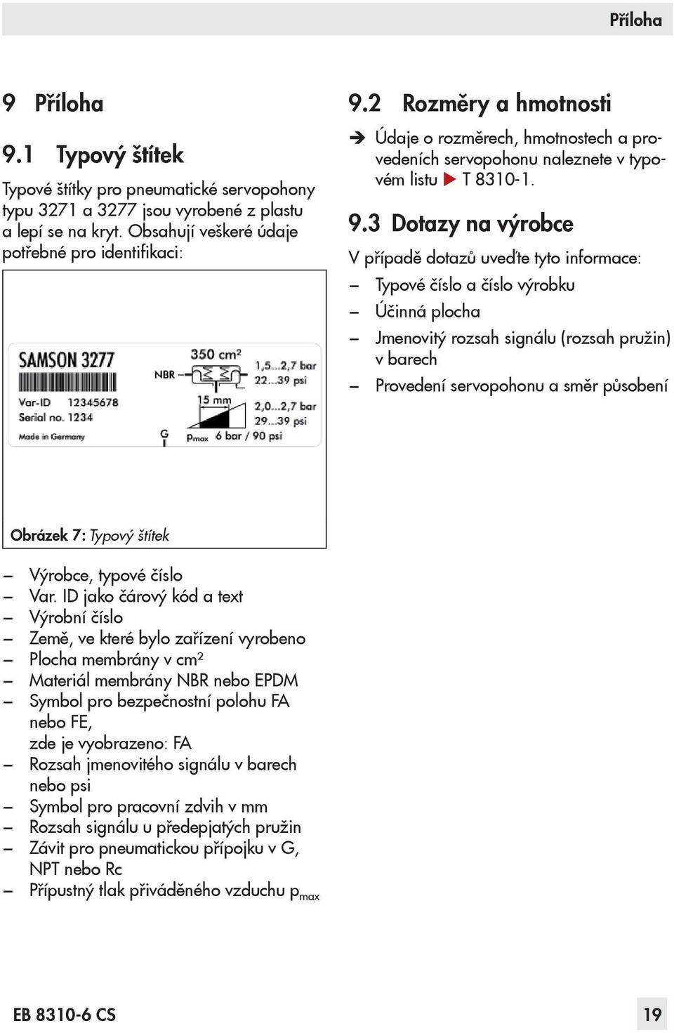 3 Dotazy na výrobce V případě dotazů uveďte tyto informace: Typové číslo a číslo výrobku Účinná plocha Jmenovitý rozsah signálu (rozsah pružin) v barech Provedení servopohonu a směr působení Obrázek