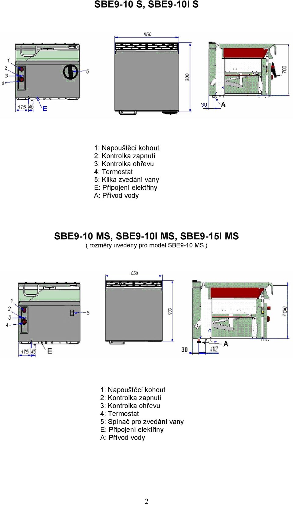 MS, SBE9-15I MS ( rozměry uvedeny pro model SBE9-10 MS ) 1: Napouštěcí kohout 2: Kontrolka