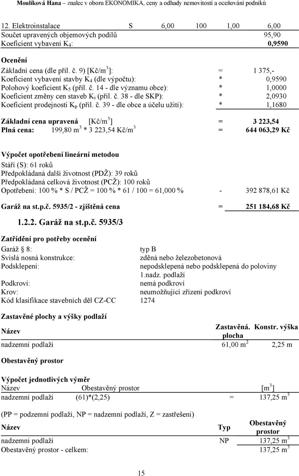 č. 39 - dle obce a účelu užití): * 1,1680 Základní cena upravená [Kč/m 3 ] = 3 223,54 Plná cena: 199,80 m 3 * 3 223,54 Kč/m 3 = 644 063,29 Kč Výpočet opotřebení lineární metodou Stáří (S): 61 roků