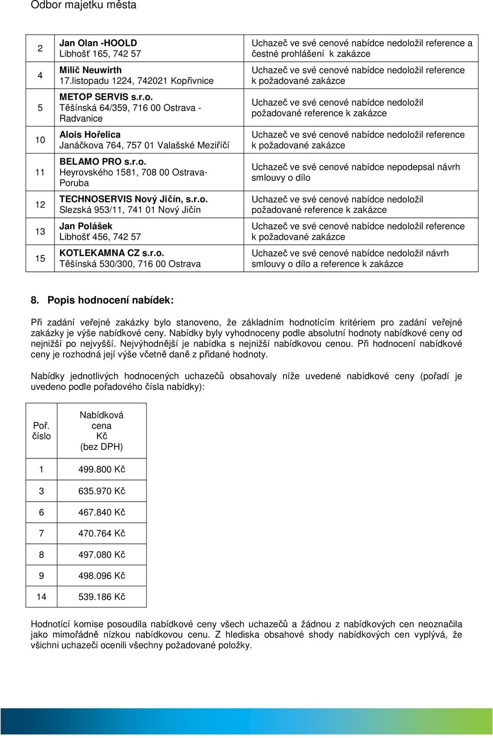 Uchazeč ve své cenové nabídce nedoložil reference a čestné prohlášení k zakázce Uchazeč ve své cenové nabídce nedoložil reference k požadované zakázce Uchazeč ve své cenové nabídce nedoložil