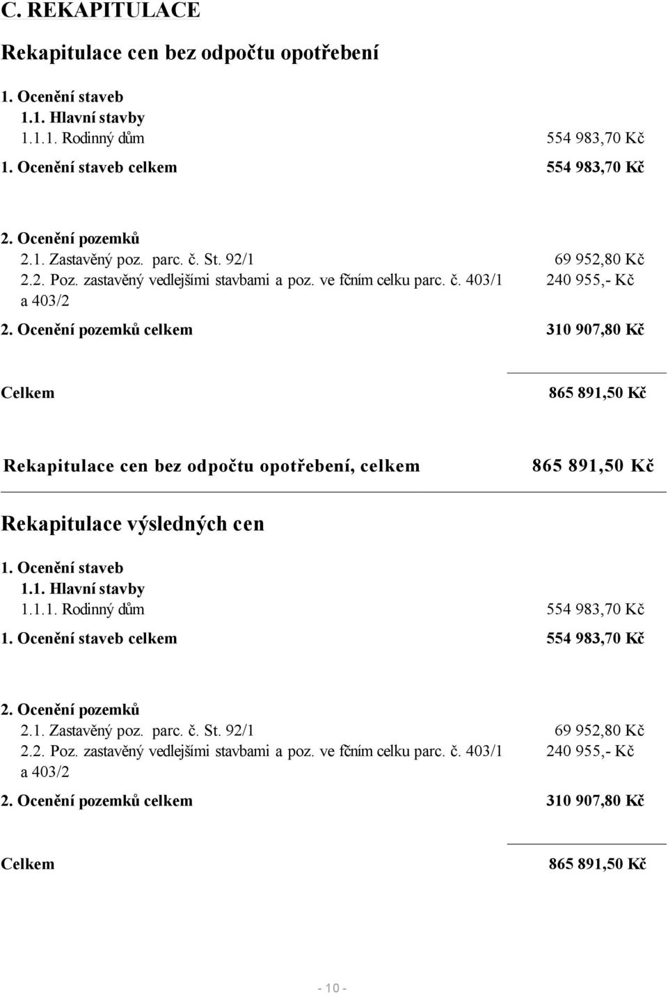 Ocenění pozemků celkem 310 907,80 Kč Celkem 865 891,50 Kč Rekapitulace cen bez odpočtu opotřebení, celkem 865 891,50 Kč Rekapitulace výsledných cen 1. Ocenění staveb 1.1. Hlavní stavby 1.1.1. Rodinný dům 554 983,70 Kč 1.