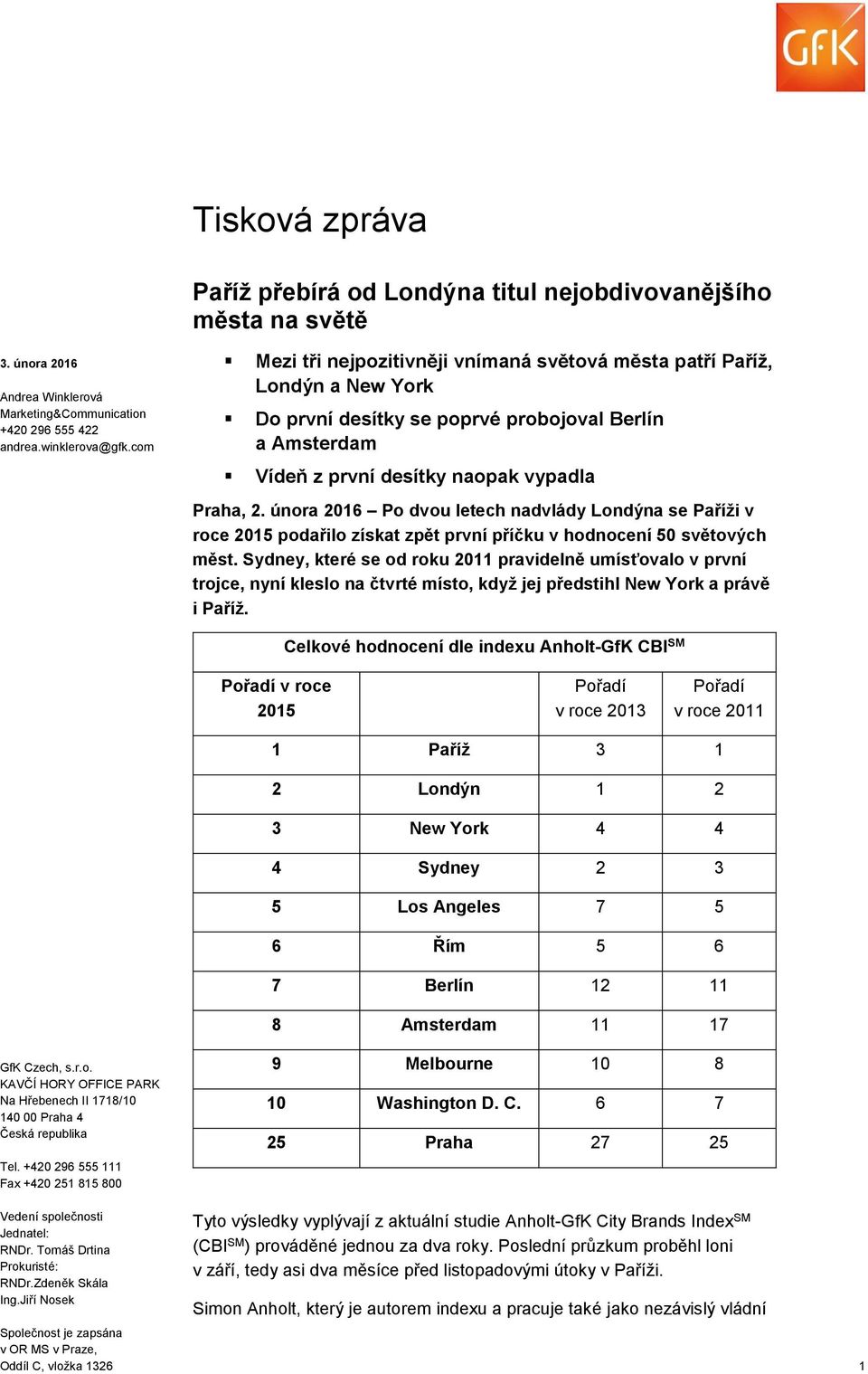 února 2016 Po dvou letech nadvlády Londýna se Paříži v roce 2015 podařilo získat zpět první příčku v hodnocení 50 světových měst.