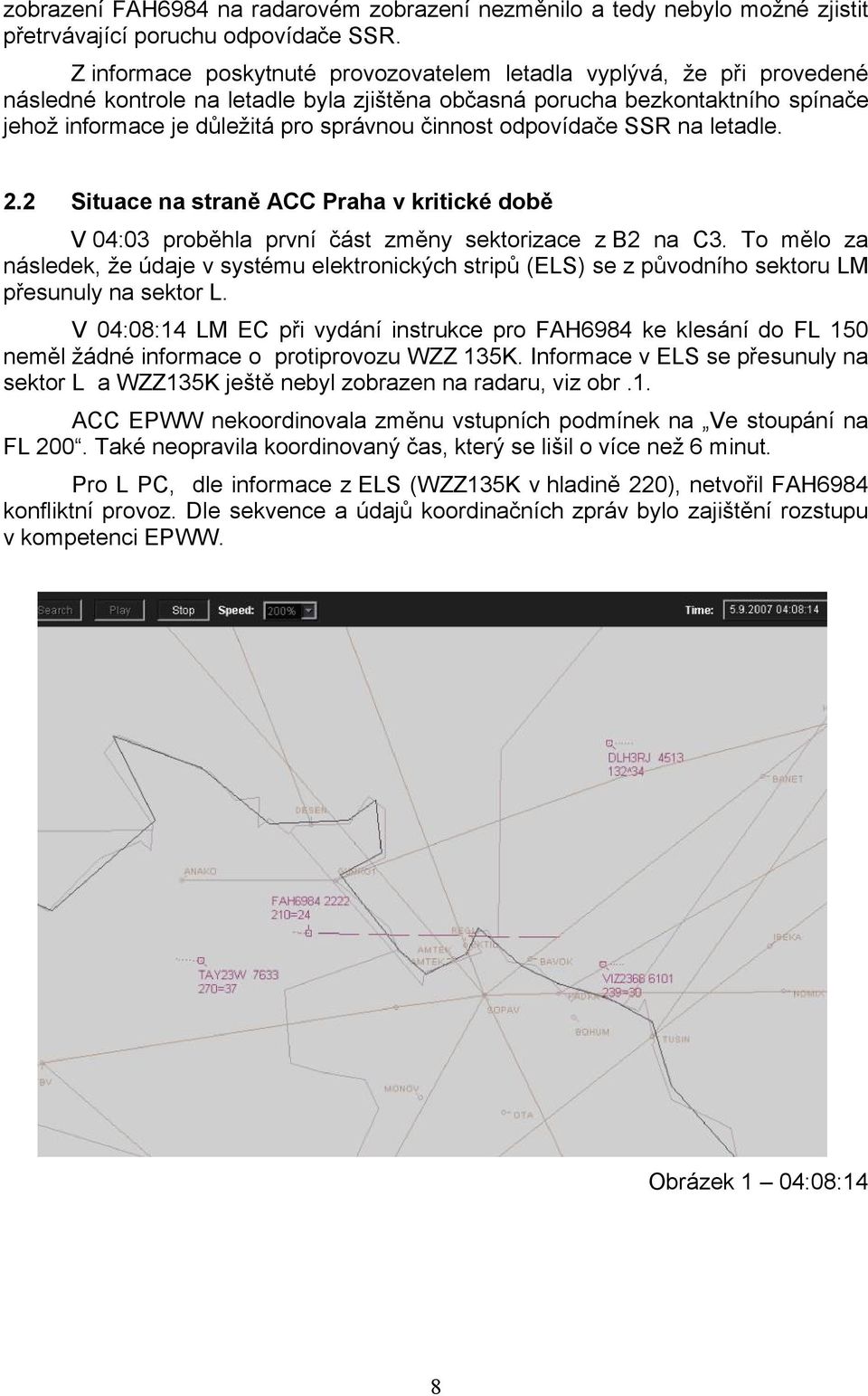 činnost odpovídače SSR na letadle. 2.2 Situace na straně ACC Praha v kritické době V 04:03 proběhla první část změny sektorizace z B2 na C3.