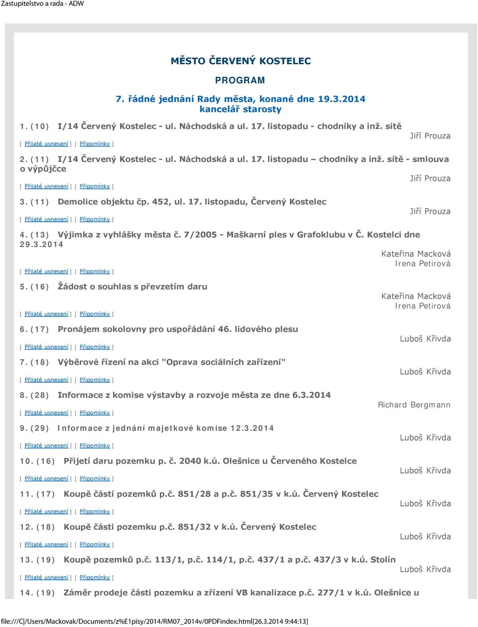 452, ul. 17. listopadu, Červený Kostelec Jiří Prouza 4. (13) Výjimka z vyhlášky města č. 7/2005 - Maškarní ples v Grafoklubu v Č. Kostelci dne 29.3.2014 Kateřina Macková Irena Petirová 5.