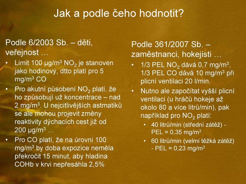 U nejcitlivějších astmatiků se ale mohou projevit změny reaktivity dýchacích cest již od 200 µg/m 3 Pro CO platí, že na úrovni 100 mg/m 3 by doba expozice neměla překročit 15 minut, aby hladina