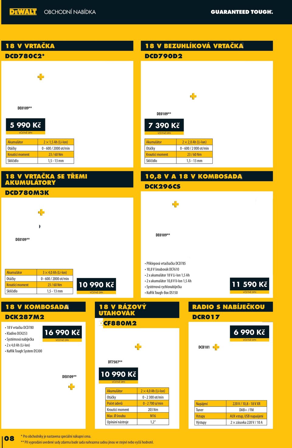 vrtačkačka DCD785 10,8 V šroubovák DCF610 2 x akumulátor 18 V Li-Ion 1,5 Ah 2 x akumulátor 10,8 V li-ion 1,5 Ah Systémová rychlonabíječka Kufřík Tough-Box DS150 11 590 Kč 18 V KOMBOSADA 18 V RÁZOVÝ