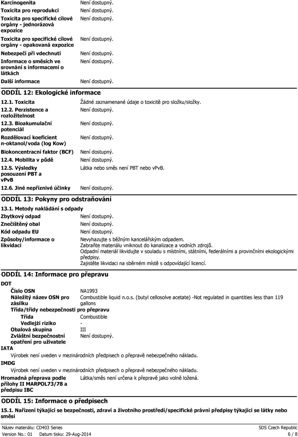 Bioakumulační potenciál Rozdělovací koeficient noktanol/voda (log Kow) Biokoncentracní faktor (BCF) 12.4. Mobilita v půdě 12.5. Výsledky posouzení PBT a vpvb 12.6.