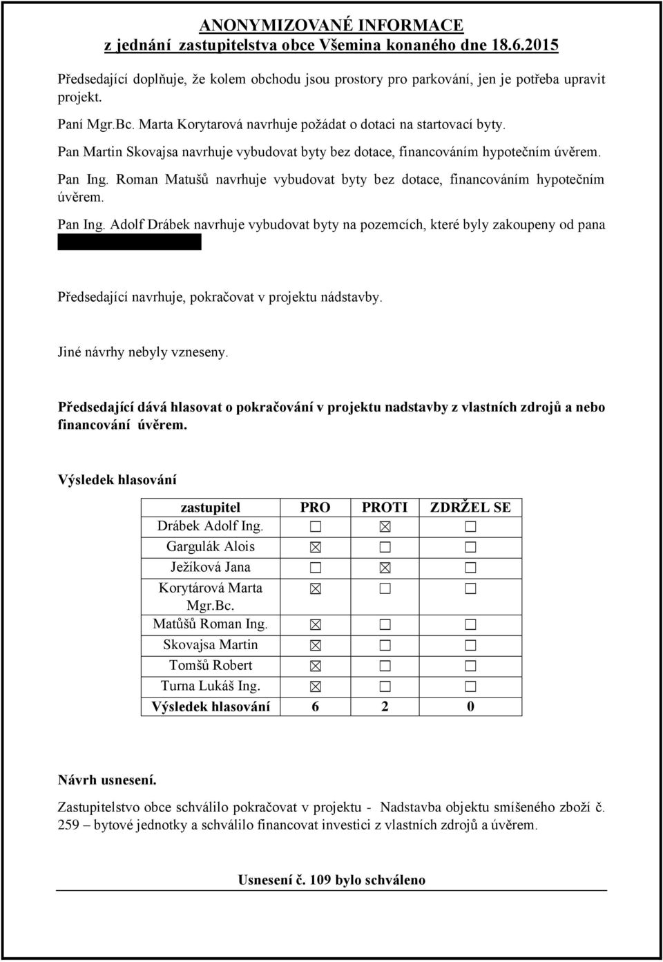 124. Předsedající navrhuje, pokračovat v projektu nádstavby. Jiné návrhy nebyly vzneseny. Předsedající dává hlasovat o pokračování v projektu nadstavby z vlastních zdrojů a nebo financování úvěrem.