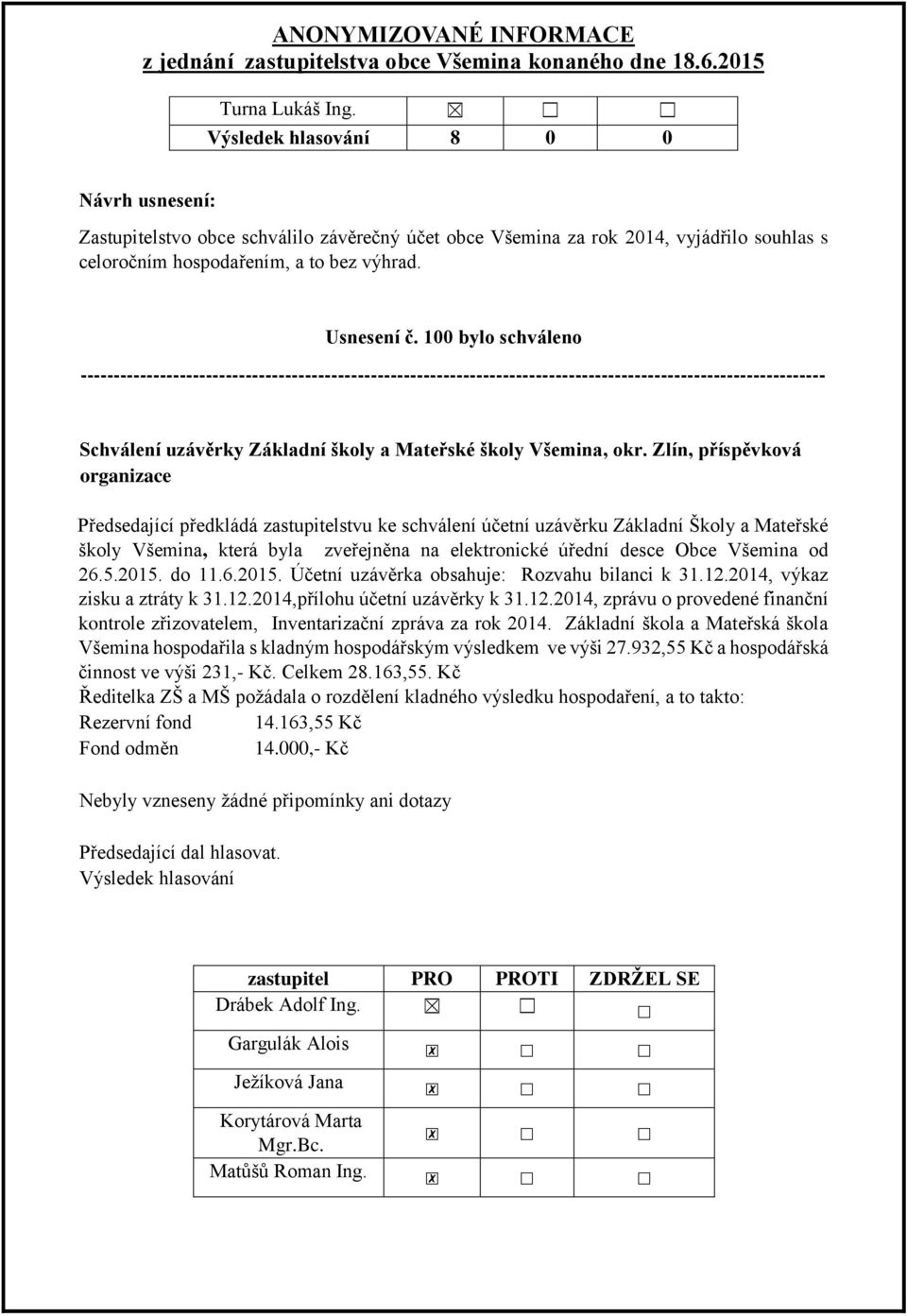 Zlín, příspěvková organizace Předsedající předkládá zastupitelstvu ke schválení účetní uzávěrku Základní Školy a Mateřské školy Všemina, která byla zveřejněna na elektronické úřední desce Obce