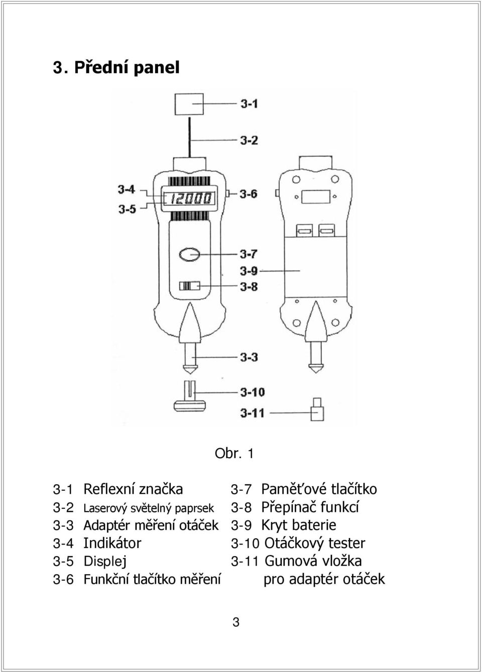 paprsek 3-8 Přepínač funkcí 3-3 Adaptér měření otáček 3-9 Kryt