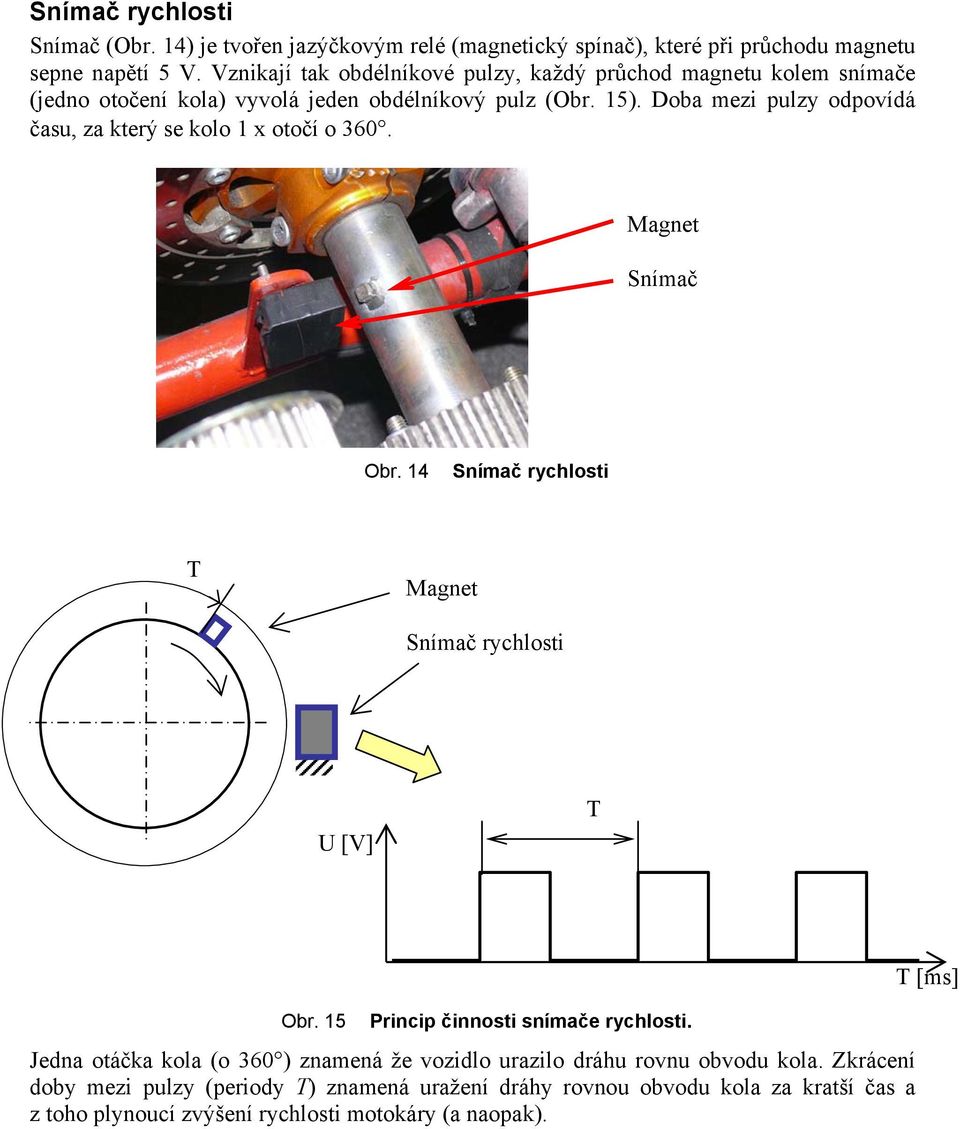 Doba mezi pulzy odpovídá času, za který se kolo 1 x otočí o 360. Magnet Snímač Obr. 14 Snímač rychlosti T Magnet Snímač rychlosti U [V] T Obr.