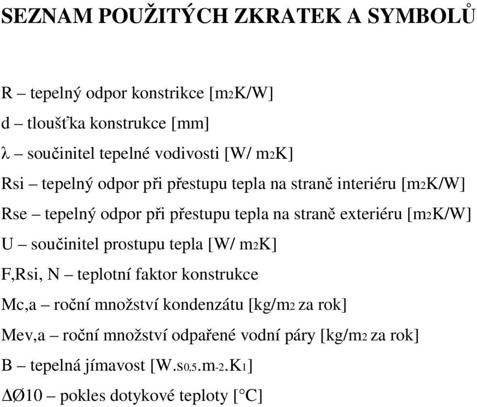 exteriéru [m2k/w] U součinitel prostupu tepla [W/ m2k] F,Rsi, N teplotní faktor konstrukce Mc,a roční množství kondenzátu