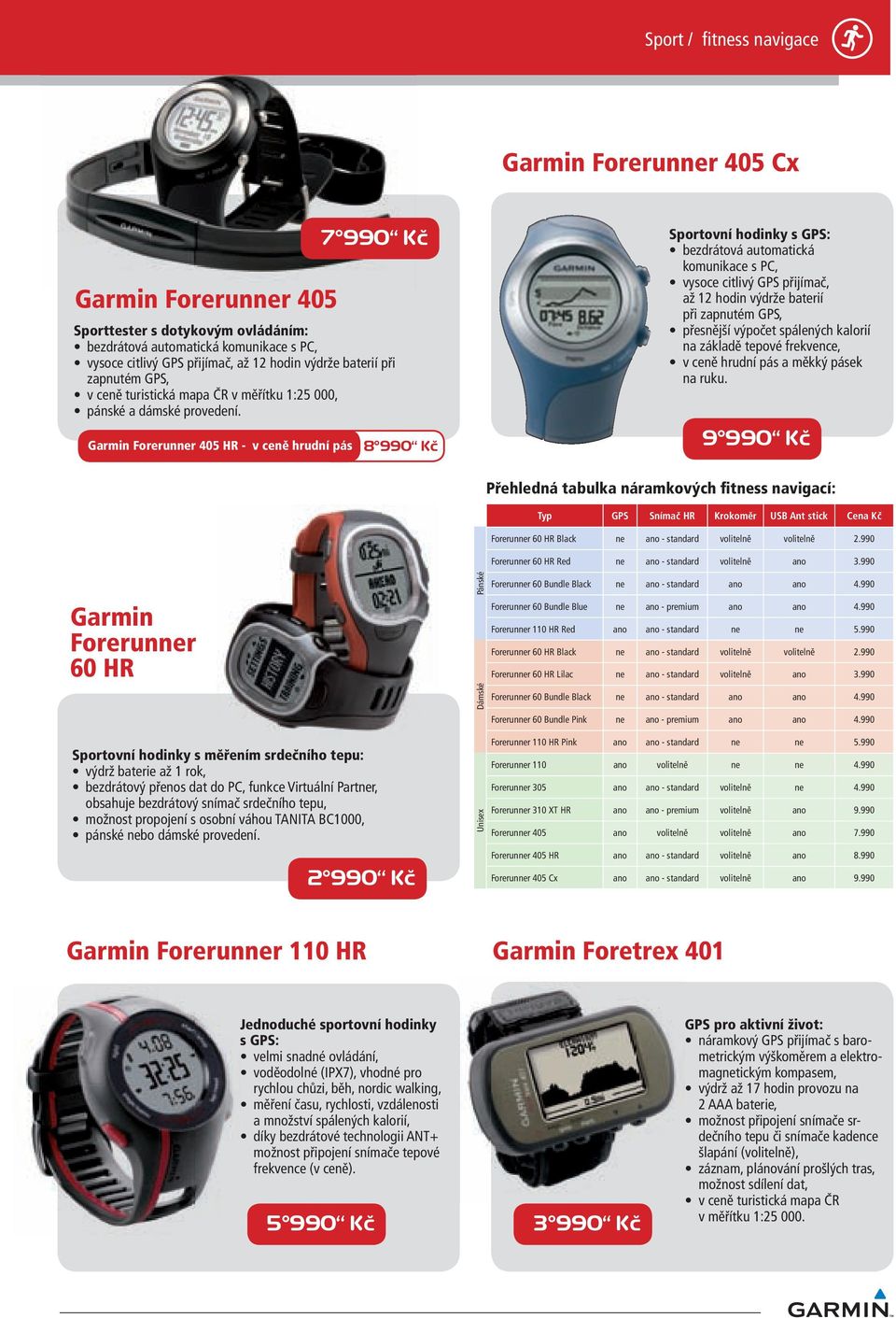 Forerunner 405 HR - v ceně hrudní pás 7 990 Kč 8 990 Kč Sportovní hodinky s GPS: bezdrátová automatická komunikace s PC, vysoce citlivý GPS přijímač, až 12 hodin výdrže baterií při zapnutém GPS,