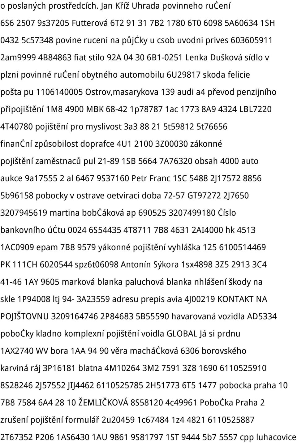 04 30 6B1-0251 Lenka Dušková sídlo v plzni povinné ručení obytného automobilu 6U29817 skoda felicie pošta pu 1106140005 Ostrov,masarykova 139 audi a4 převod penzijního připojištění 1M8 4900 MBK 68-42