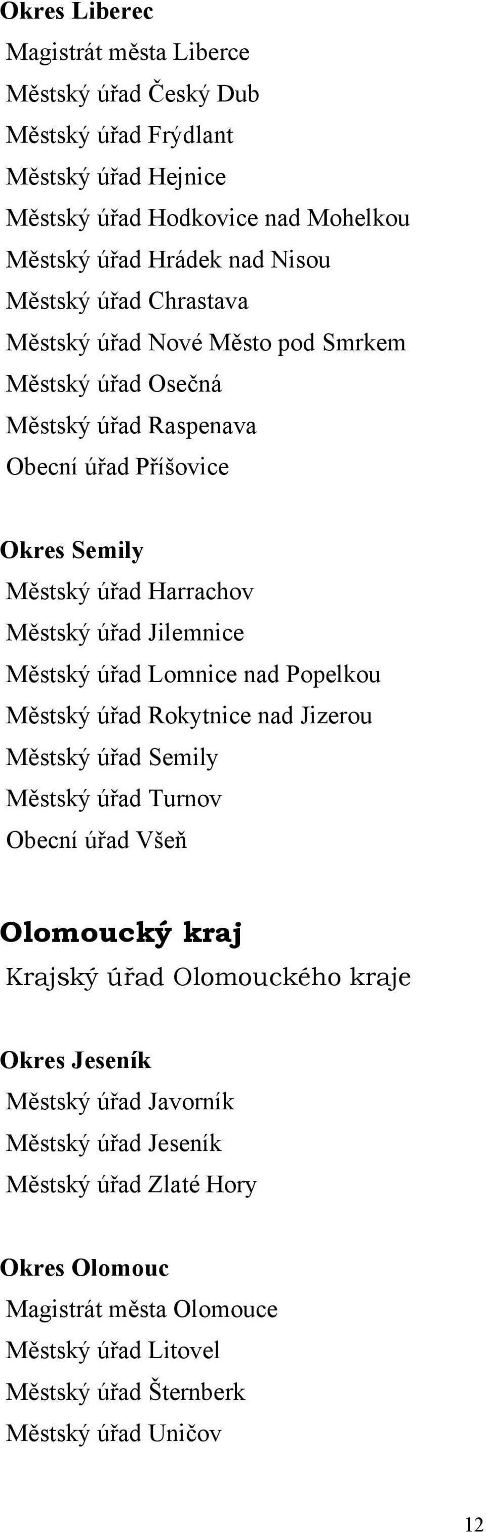 Městský úřad Lomnice nad Popelkou Městský úřad Rokytnice nad Jizerou Městský úřad Semily Městský úřad Turnov Obecní úřad Všeň Olomoucký kraj Krajský úřad Olomouckého kraje Okres