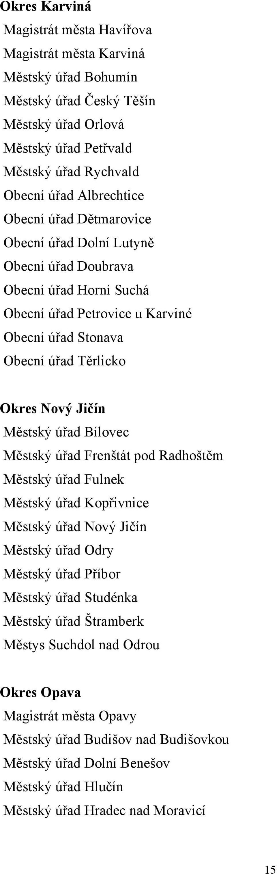 Jičín Městský úřad Bílovec Městský úřad Frenštát pod Radhoštěm Městský úřad Fulnek Městský úřad Kopřivnice Městský úřad Nový Jičín Městský úřad Odry Městský úřad Příbor Městský úřad Studénka