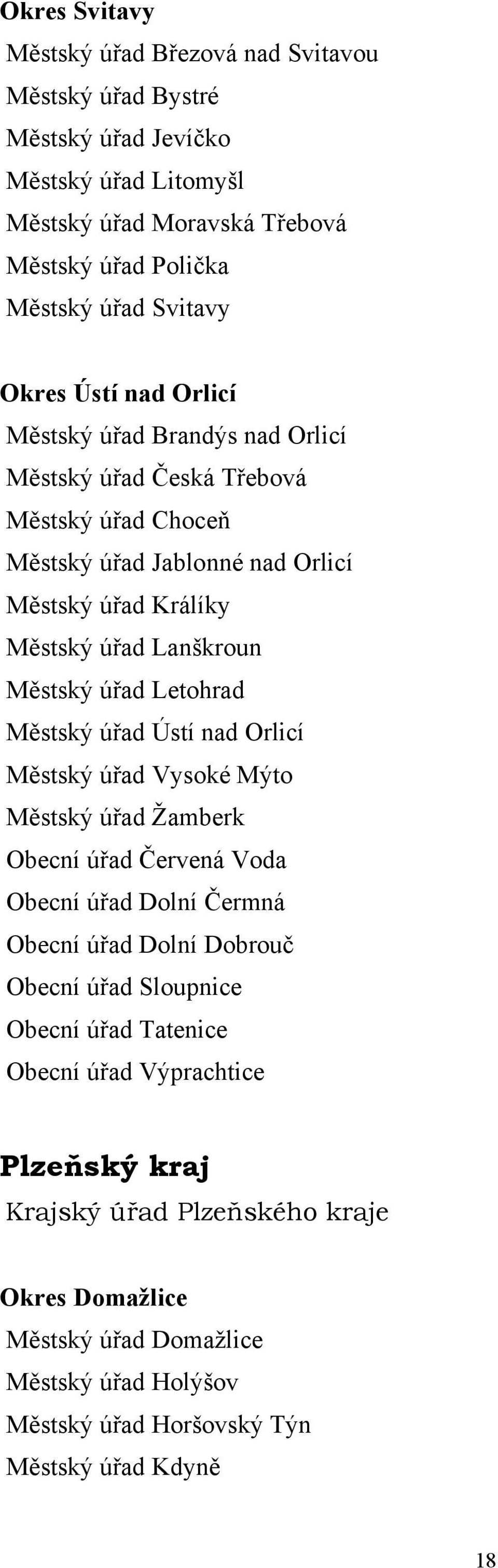 Letohrad Městský úřad Ústí nad Orlicí Městský úřad Vysoké Mýto Městský úřad Žamberk Obecní úřad Červená Voda Obecní úřad Dolní Čermná Obecní úřad Dolní Dobrouč Obecní úřad Sloupnice Obecní