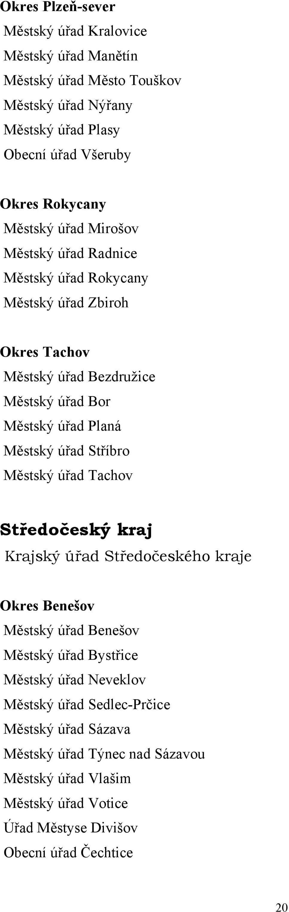 Městský úřad Stříbro Městský úřad Tachov Středočeský kraj Krajský úřad Středočeského kraje Okres Benešov Městský úřad Benešov Městský úřad Bystřice Městský úřad