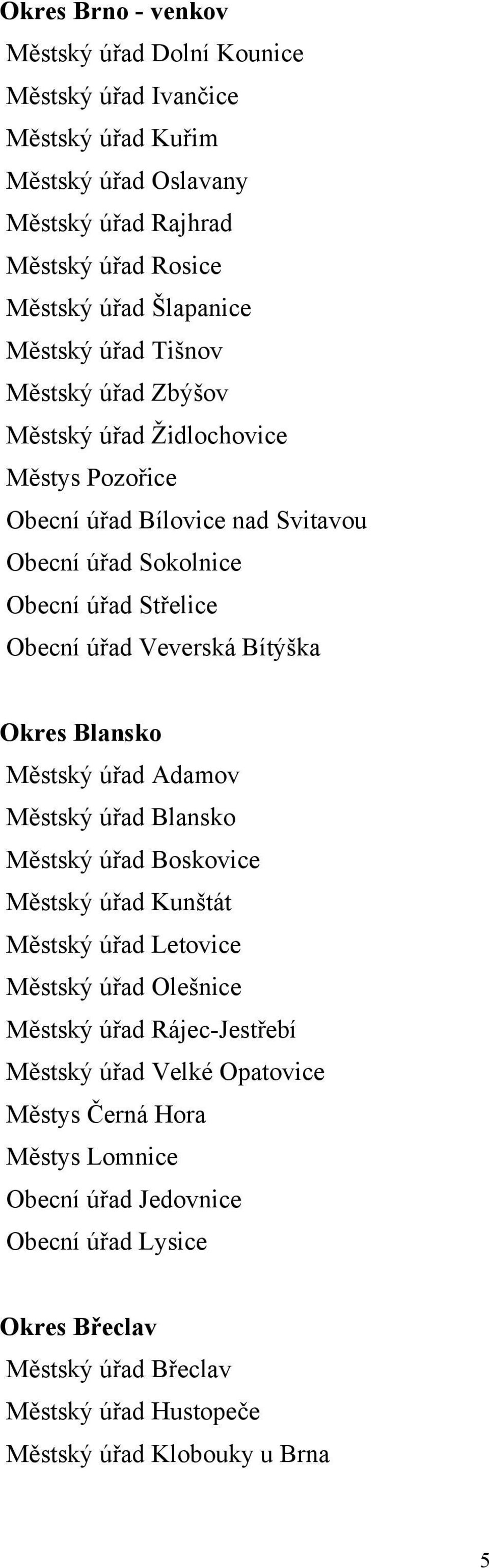 Bítýška Okres Blansko Městský úřad Adamov Městský úřad Blansko Městský úřad Boskovice Městský úřad Kunštát Městský úřad Letovice Městský úřad Olešnice Městský úřad Rájec-Jestřebí