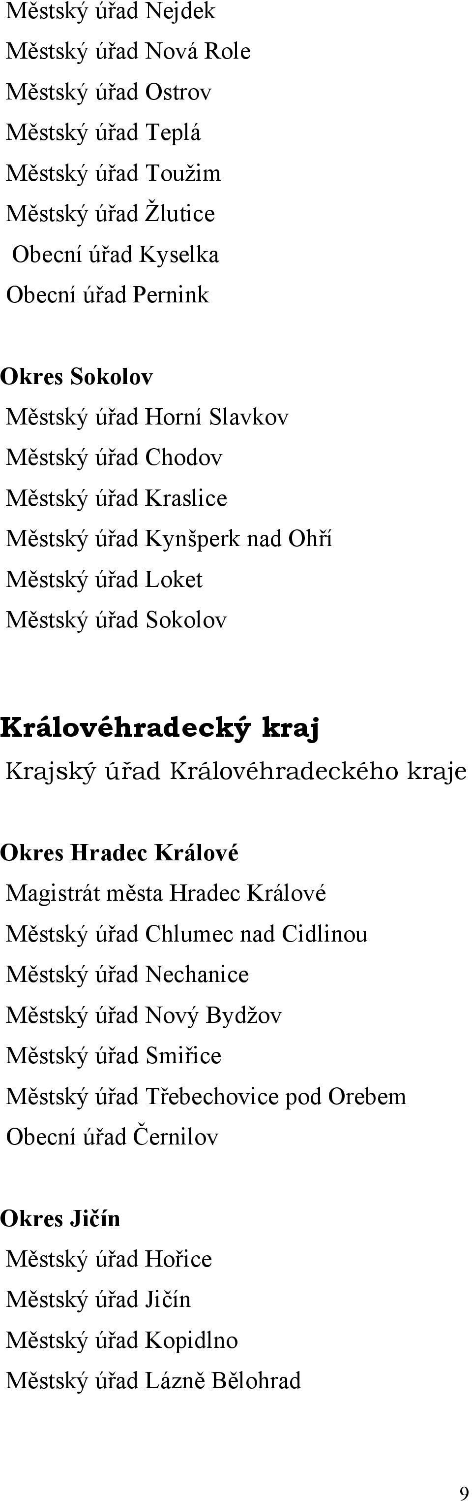 Krajský úřad Královéhradeckého kraje Okres Hradec Králové Magistrát města Hradec Králové Městský úřad Chlumec nad Cidlinou Městský úřad Nechanice Městský úřad Nový Bydžov