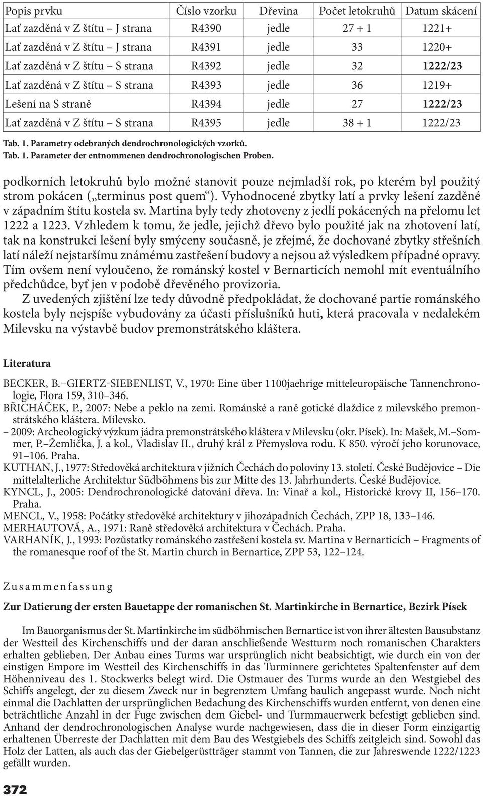 Tab. 1. Parameter der entnommenen dendrochronologischen Proben. podkorních letokruhů bylo možné stanovit pouze nejmladší rok, po kterém byl použitý strom pokácen ( terminus post quem ).