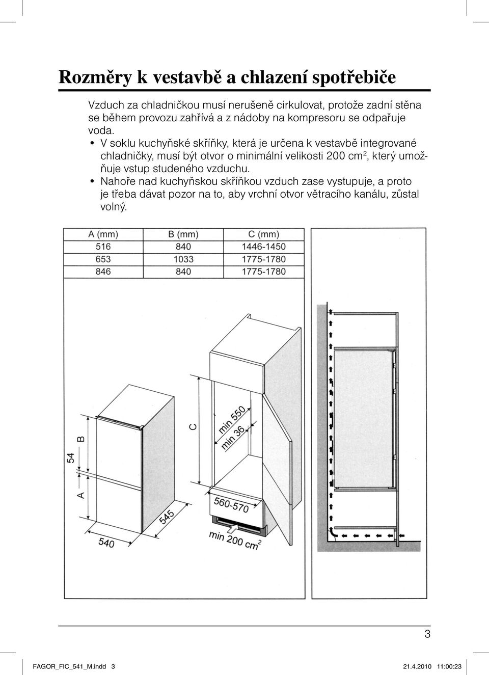 V soklu kuchyňské skříňky, která je určena k vestavbě integrované chladničky, musí být otvor o minimální velikosti 200 cm 2, který